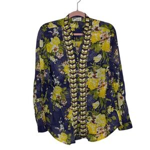 Magazine Embroidered Blouse Shirt Size 2X Purple Yellow Floral Rolled Tab Sleeve